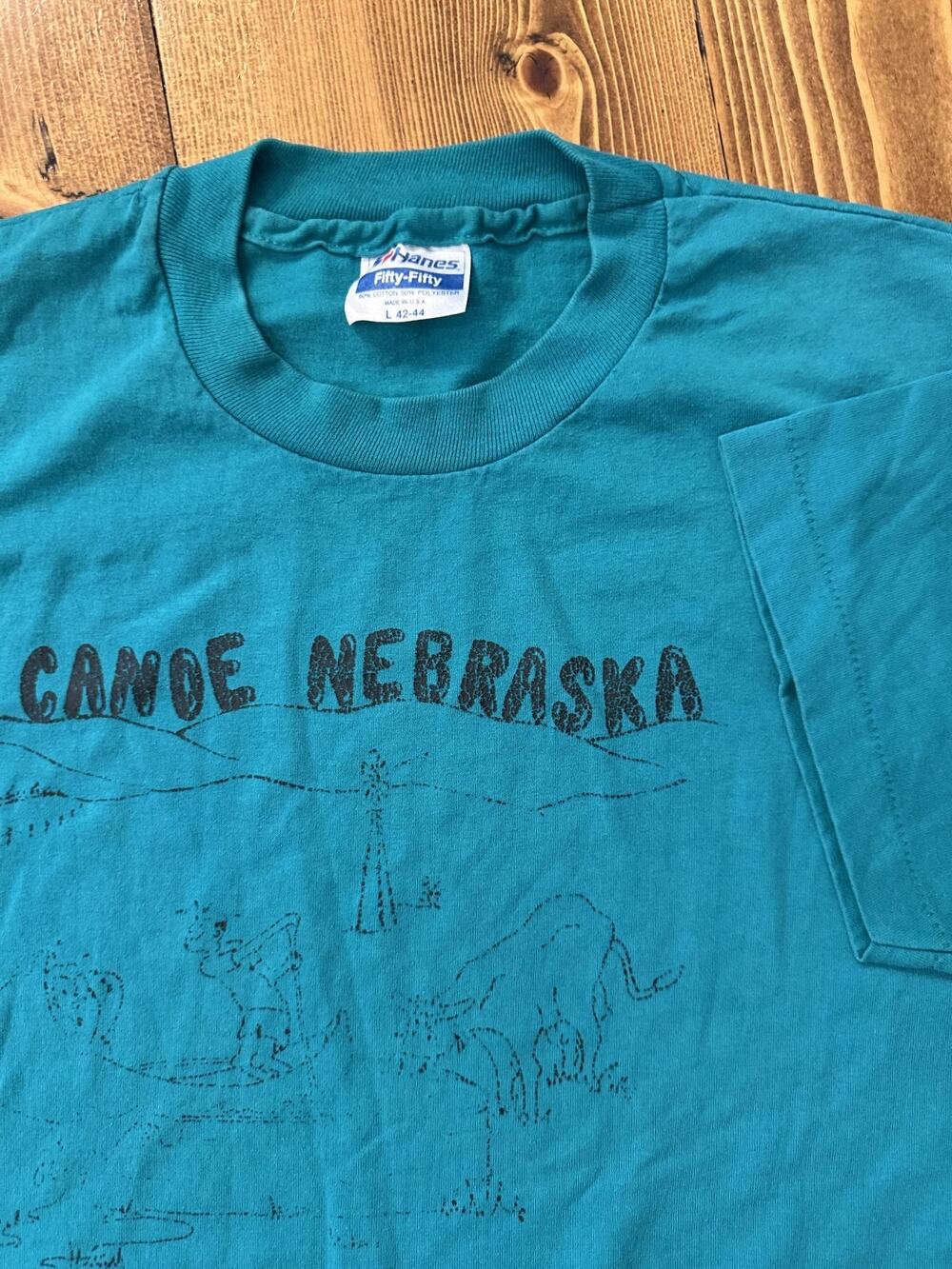 Vintage 90s Canoe Nebraska T-Shirt Hanes 50/50 Blue Single Stitch Large vtg Tee